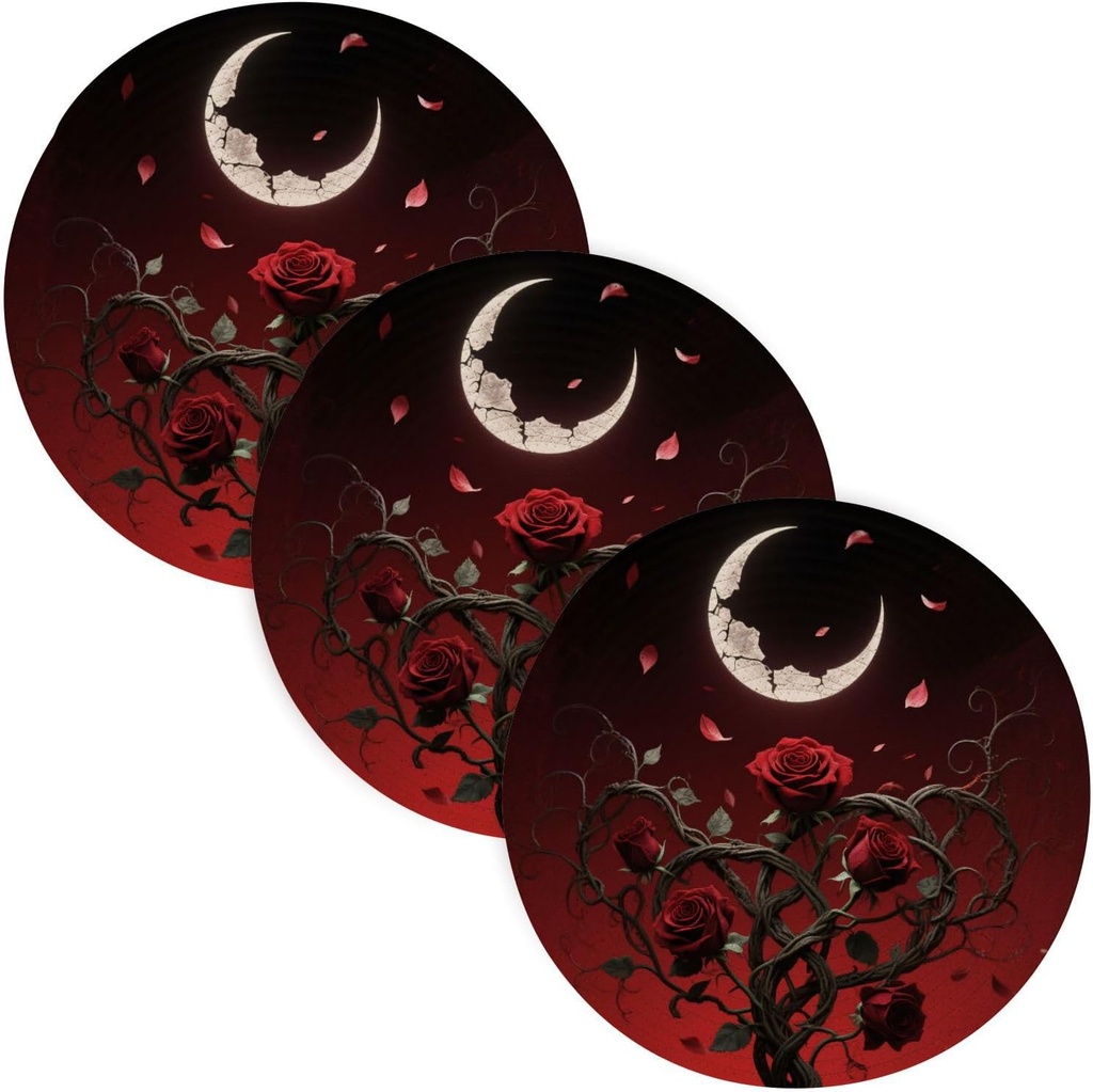 3 Pcs Trivet Tripod for Crock Pot 15in Heat Resistant Hotpads Cookware Protects Porta platos para mesa Gothic Red Rose Moonlit Night