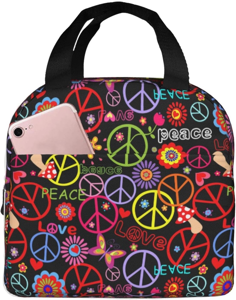 60s 70s Hippie Flowers Peace Sign Love Symbol Insulated Lunch Box Large Capacity Thermal Lunch Bag Cooler Lunch Meal Tote Bag Reusable Handbag With Front Pocket For Work Picnic Travel Hiking