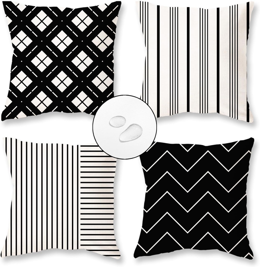 TAJWE Outdoor Waterproof Pillow Covers 16x16 Set of 4 Black and White Modern Geometry Stripe Decorative Cushion Cases for Patio Furniture Couch Porch