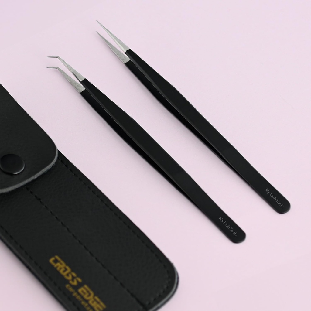 My Lash Tools Fiber Tip Eyelash Tweezers for Extensions Pro Volume, Isolation & Classic False Lashes Stainless Steel Straight and Curved Tips Set (2 Pieces, 1) (CEC-TWEEZERSSETSBLK)