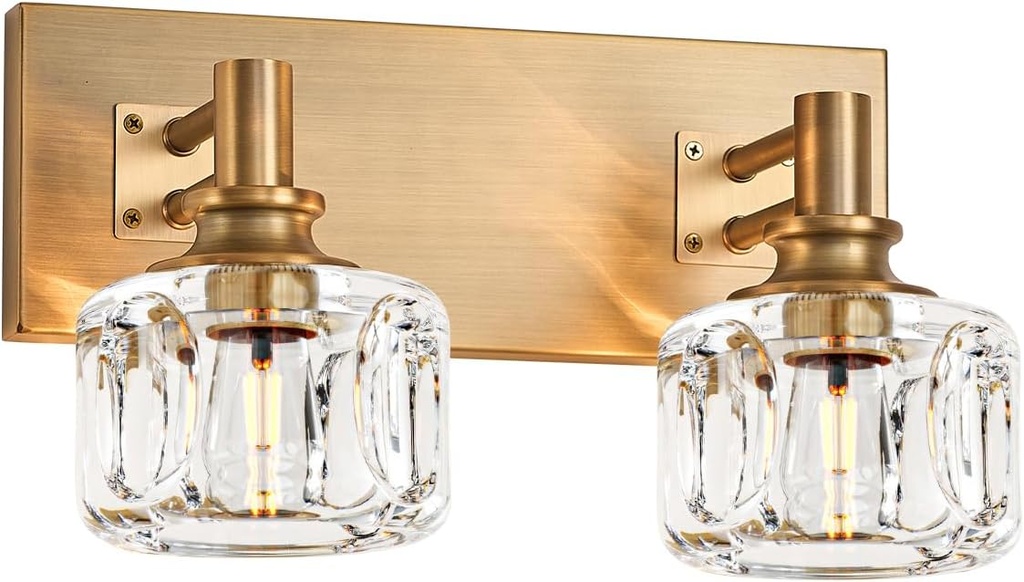 13.4" Bathroom Vanity Light Over Mirror Vintage Crystal Glass Vanity Light 2 Lights Brass Antique Bathroom Light Fixtures