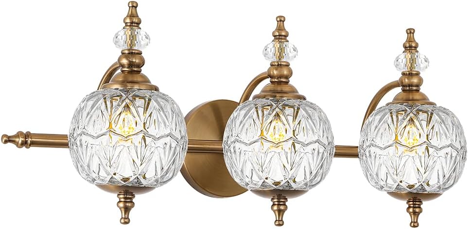 Brushed Gold Bathroom Vanity Light Fixture Vintage Style - 3 Light G9 Bulb Compatible, 23" Wide Bathroom Lighting Over Mirror with Hand-Etched Glass Shades, Easy Mount for Makeup Area