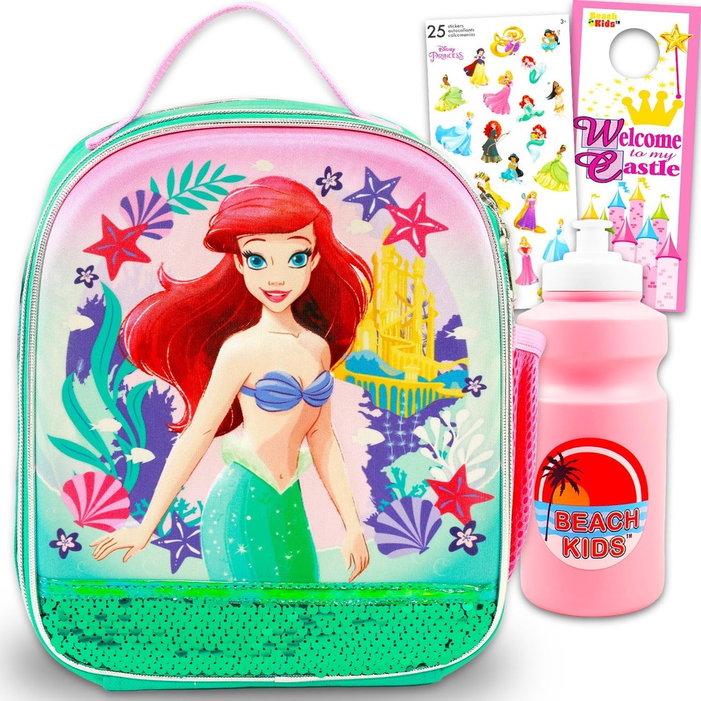 Disney The Little Mermaid Lunch Box Set - Bundle with Ariel Lunch Bag, Water Bottle, Stickers, More | Little Mermaid School Supplies for Kids