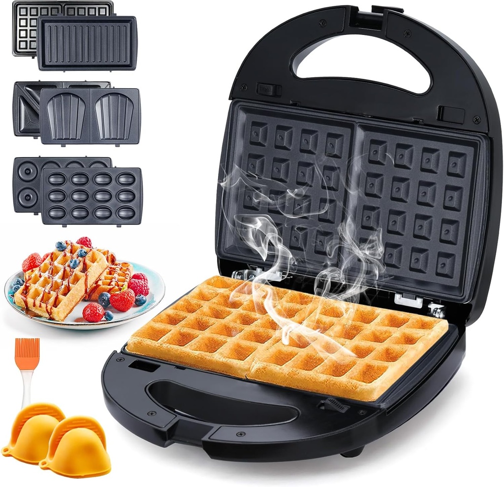 6 in 1 Waffle Maker With Removable Plates,Breakfast Sandwich Maker,Panini Press Grill Mini Donut Maker Machine with 5-Gear Temperature Control for Cooking Steaks Burgers,Grilled,Cheese