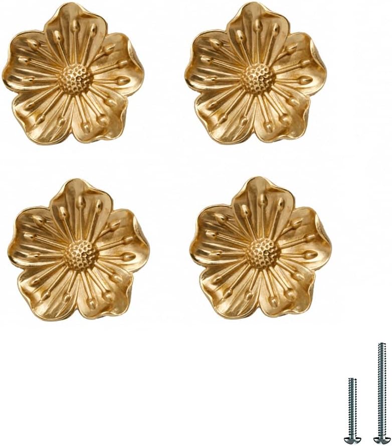 4 Pack Gold Knobs for Cabinet and Drawer,Solid Brass Kitchen Hardware,Flower Dsigned Knobs and Pulls