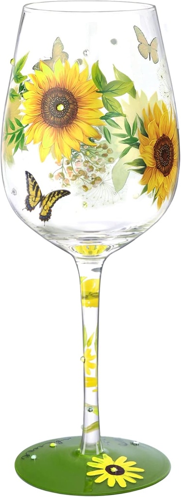 NymphFable Hand-painted Wine Glass Sun Flower Butterfly Artisan Painted 15oz Personalised SunFlower Gifts for Women