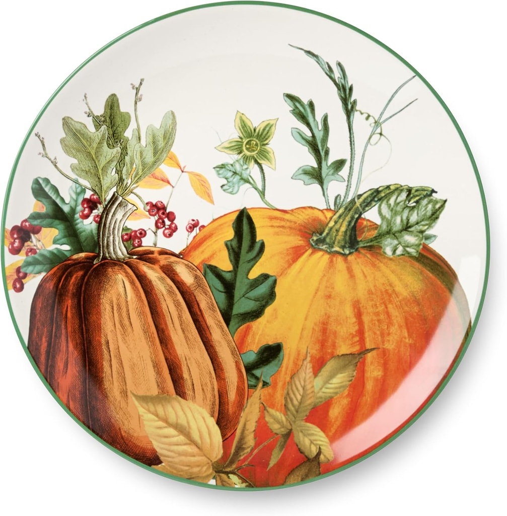 Harvest Fields 11” Ceramic Dinner Plates – Set of 4 Rustic Farmhouse Plates with Vibrant Pumpkin & Botanical Design – Perfect for Fall Dining, Thanksgiving Feasts & Cozy Gatherings – Microwave Safe