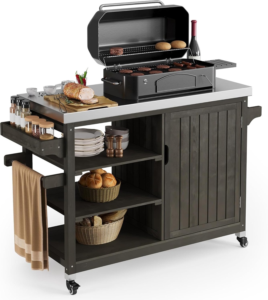 YITAHOME XL Solid Wood Outdoor Grill Cart Storage Cabinet with Stainless Steel Table Top and Spice Rack, 53.74’’ L x 20.27’’ W Patio Bar Cart, Outdoor Kitchen with Lockable Wheels, Single Door Brown