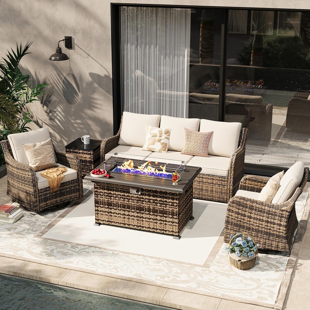 MEISSALIVVE 5 Pieces Patio Furniture Set with 43" Fire Pit Table, Wicker Patio Conversation Set with Swivel Rocking Chairs, Outdoor Patio Set for Lawn Backyard Porch (Brown)