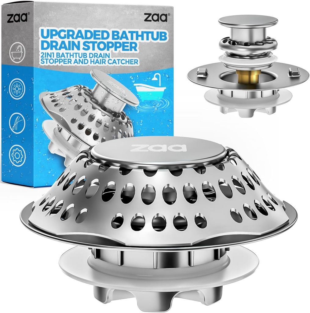zaa Bathtub Drain Stopper, Upgraded 2in1 Tub Stopper Bathtub Drain Cover and Hair Catcher, Pop Up Bathtub Drain Plug, Replaces Lift & Turn, Tip-Toe or Trip Lever, for 1.46-2" W Drain Hole, Silver