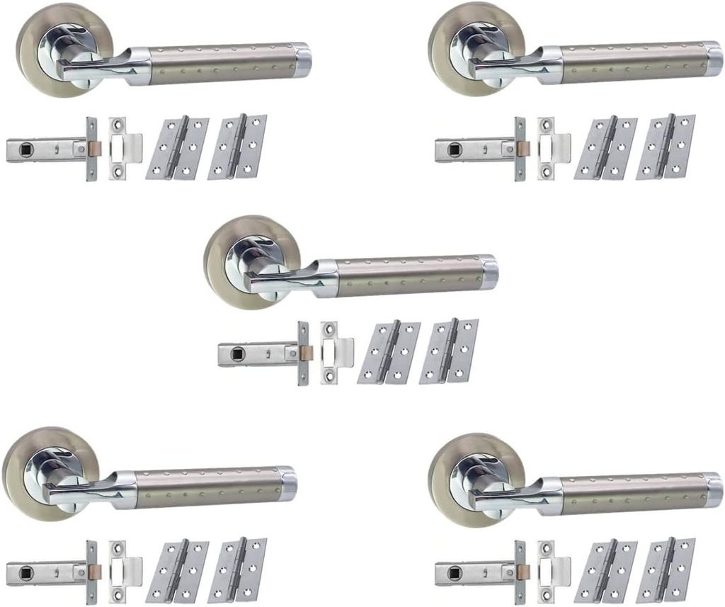 5 Set Internal Lever on Rose Solid Zamac Door Handles Pack Latch & Hinges