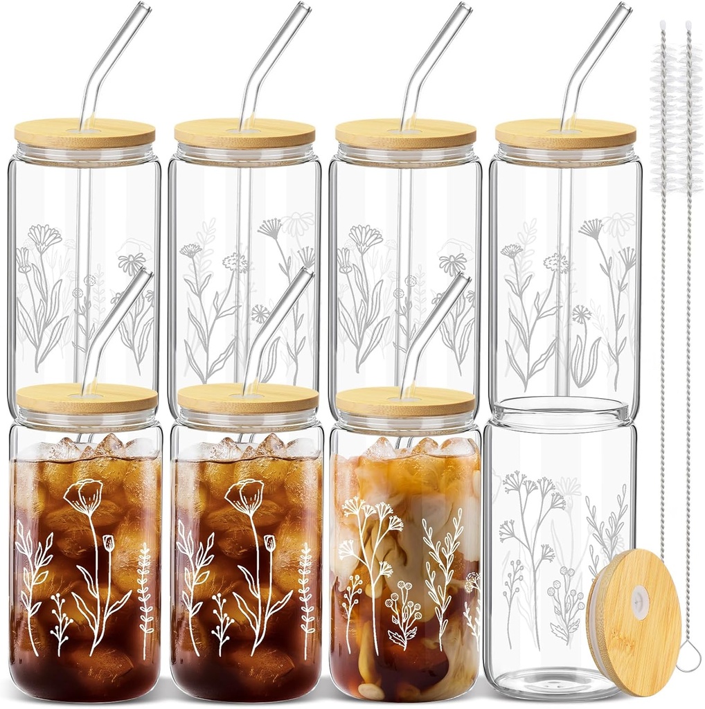 Zubebe 8 Pcs Wildflower Design Beer Glass with Lids and Straw Floral Glasses Boho Iced Coffee Cup Cute Coffee Tumbler Aesthetic Boho Coffee Mug with 2 Cleaning Brushes for Drinking (Clear)