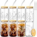 Zubebe 8 Pcs Wildflower Design Beer Glass with Lids and Straw Floral Glasses Boho Iced Coffee Cup Cute Coffee Tumbler Aesthetic Boho Coffee Mug with 2 Cleaning Brushes for Drinking (Clear)