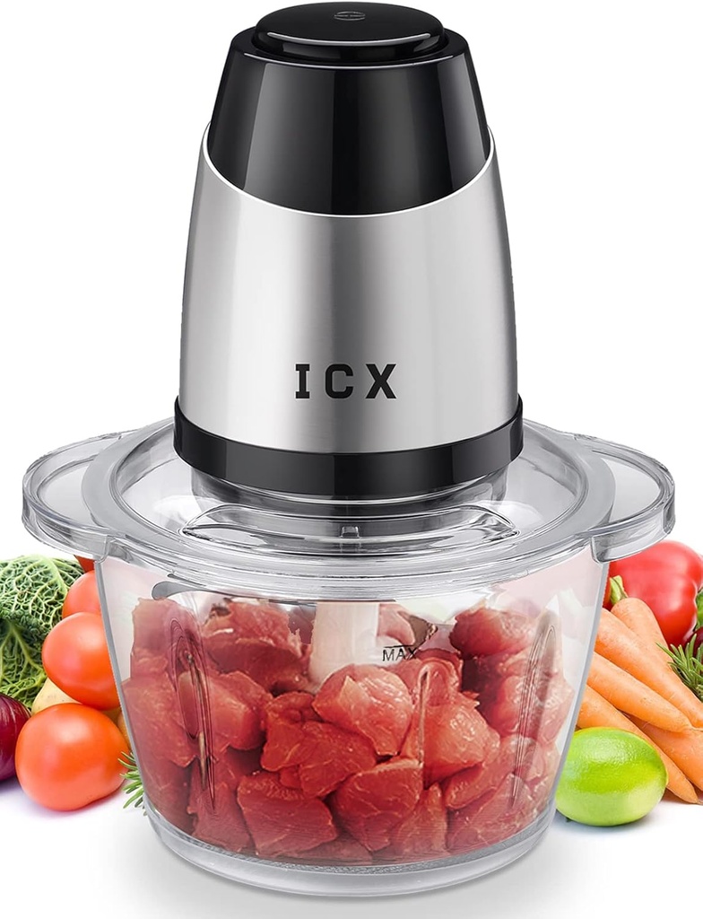 Electric Food Chopper,5 Cup Food Processor by ICX with 1.2L Glass Bowl and 4 Stainless Steel Blades,for Meat,Fruits, Vegetables, Nuts and Seasonings,300W