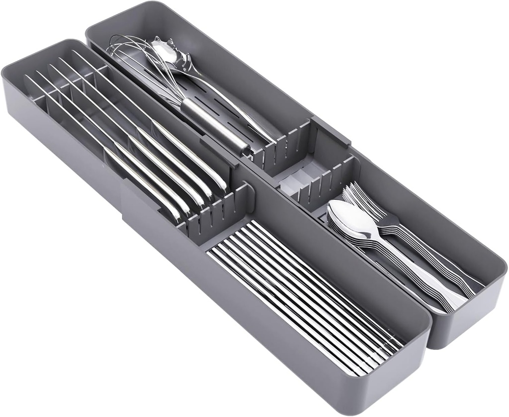 Kitchen Drawer Silverware Organizer, Adjustable Cutlery Organizer, Expandable Utensils Holder, Silverware Dividers Tray, Storage for Flatware, Large Drain Board (Gray,2 Sets)