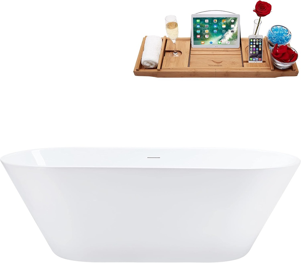Streamline 70" Freestanding Soaking Bathtub – Glossy White Acrylic Tub with Polished Chrome Internal Drain and Bamboo Tray – Modern Tub for Stylish Bathrooms – 100 Gallon Capacity