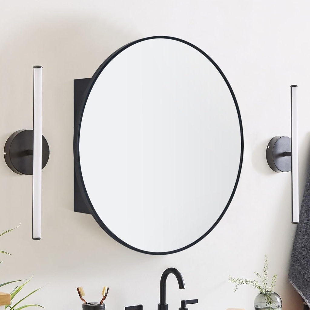 Surface Mount Black Circular Round Bathroom Medicine Cabinet with Mirror Metal Framed Circle Bathroom Storage Cabinet 26'' Dia