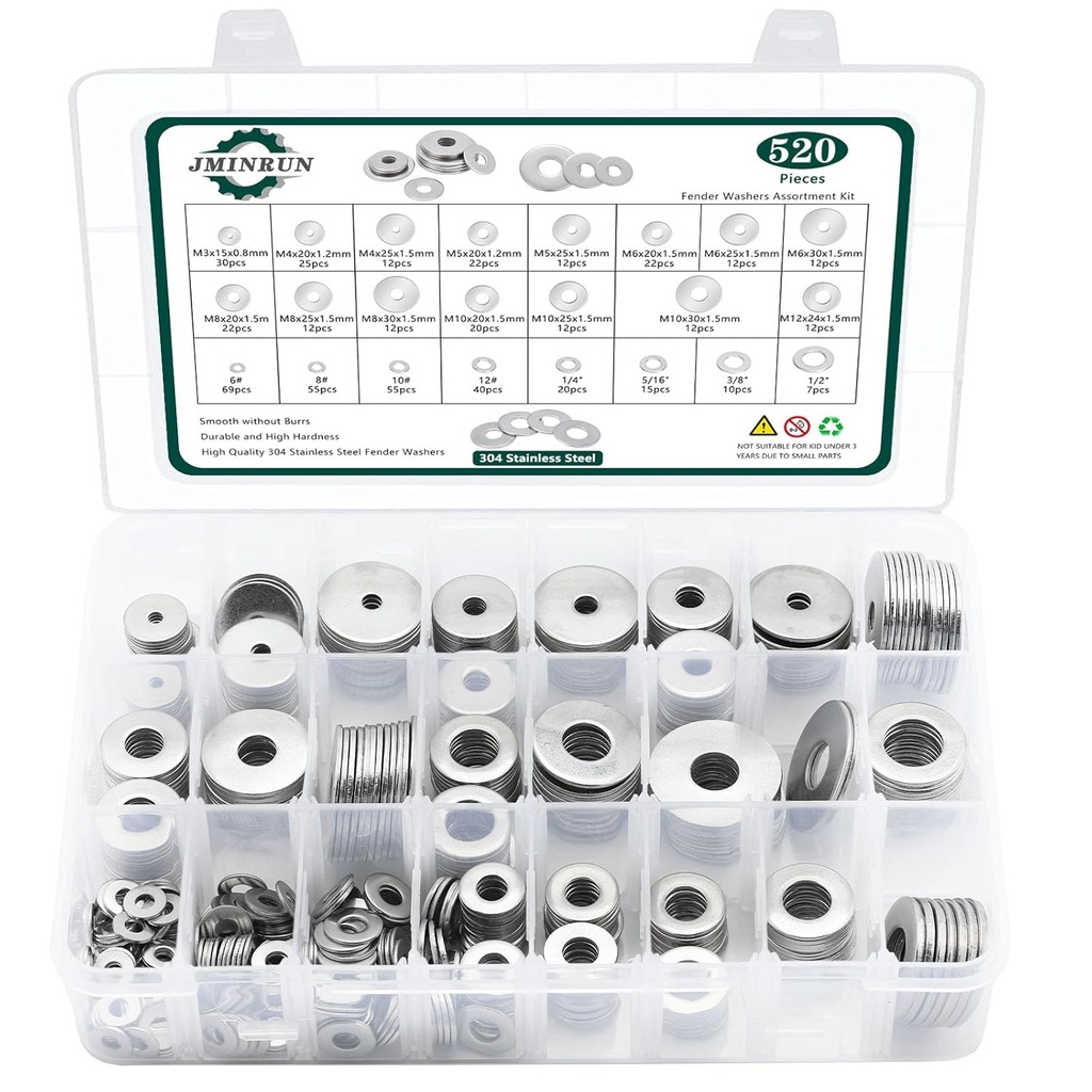 Fender Washers, 520 Pcs SAE + Metric 23 Sizes Flat Washers Assortment Set, 304 Stainless Steel Assorted Hardware Washers Kit for Bolts (M3 M4 M5 M6 M8 M10 M12 6# 8# 10# 1/4 5/16 3/8 1/2)