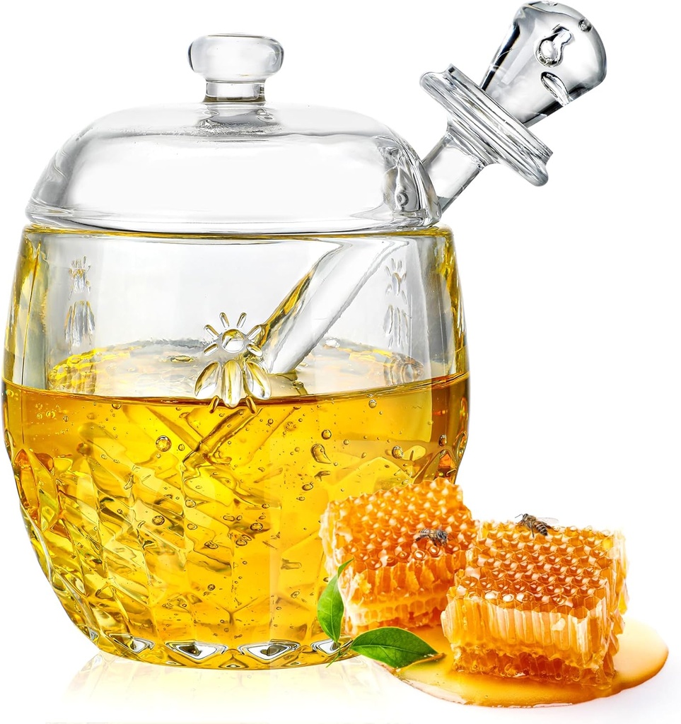 kanpura Honey Pot with Dipper and Lid Glass Honey Jar with Dipper Wide Mouth Honey Containers Airtight Syrup Honey Dispenser for Home Kitchen(7.5 OZ)