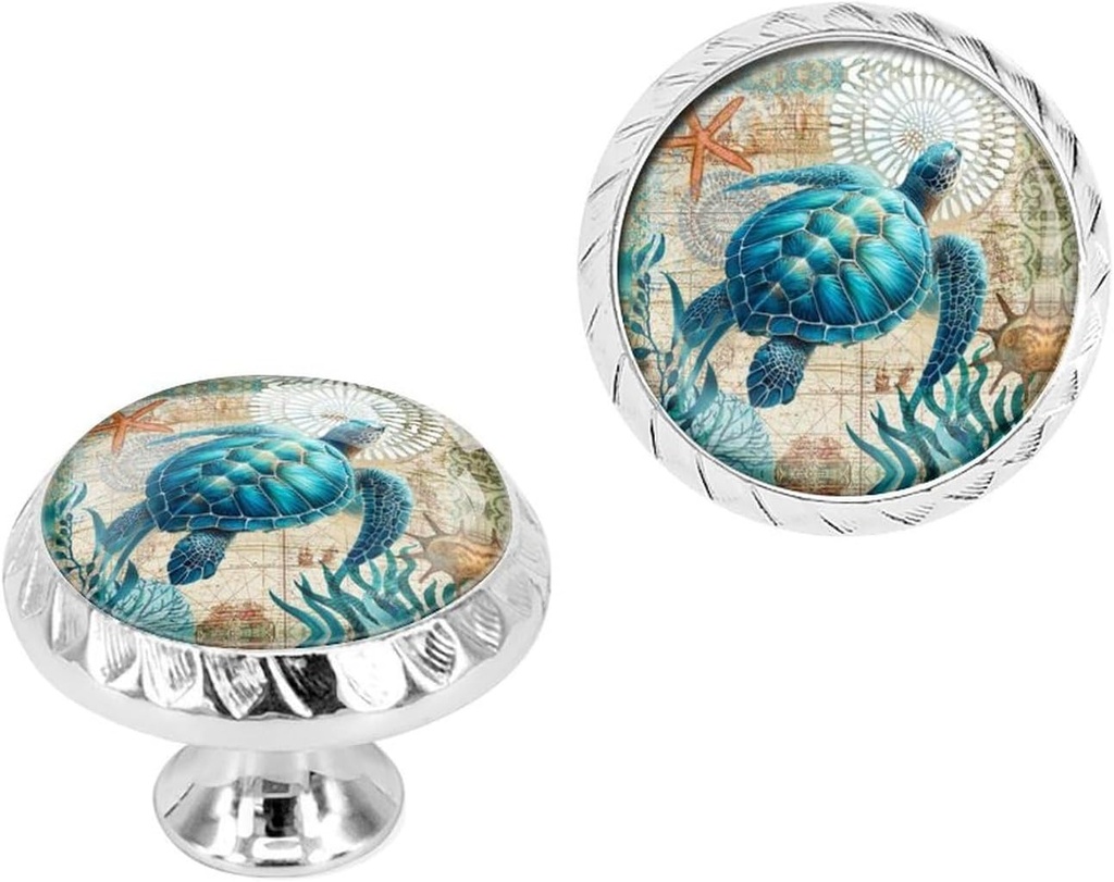 6 Pack Silver Drawer Pulls, Blue Sea Turtle Nautical Map Cabinet Knobs Crystal Glass Dresser Knobs for Kitchen Bathroom Hardware