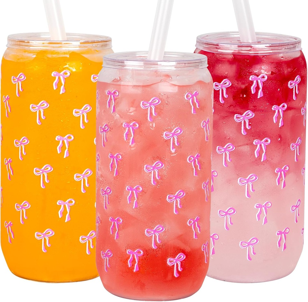 Ciaell 16 PCS Pink Bow Glass Cups with Lids and Straws - 16 Oz Preppy Can Shaped Plastic Glasses - Disposable Cute Iced Coffee Cup for Teen Girls Women Girlfriends Party Christmas Gifts