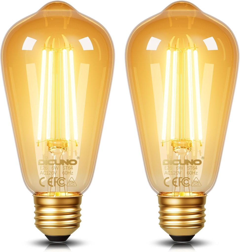 DiCUNO E26 Edison Bulbs 60W, 2200K Amber Warm, 6W LED Edison Bulb ST64, Amber Glass, Vintage LED Light for Home, 600LM, Non-Dimmable, CRI 80, Pack of 2