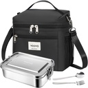 Voova Stainless Steel Lunch Box with Lunch Bag for Women Men Adult, (42oz/1200ml) Leakproof Metal Bento Box with Free Sealing, Insulated Lunch box for Work, Black