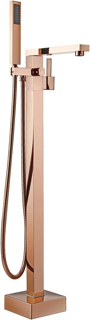 Freestanding Tub Filler Rose Gold Floor Mounted Bathtub Faucet Solid Brass Bath Tap with 360° Swivel Spout Single Handle Cold and Hot Bathroom Mixer Tap with Hand Shower