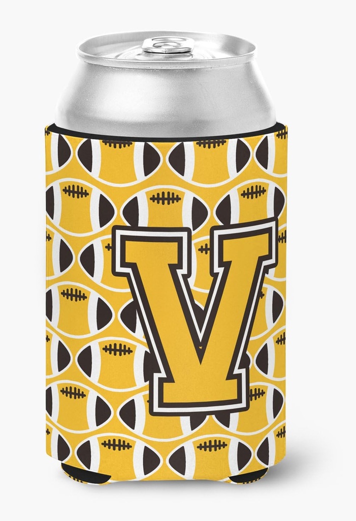 Caroline's Treasures CJ1080-VCC Letter V Football Black, Old Gold and White Can or Bottle Hugger Cooler Washable Drink Sleeve Collapsible Beverage Insulated Holder, Can Hugger, Multicolor