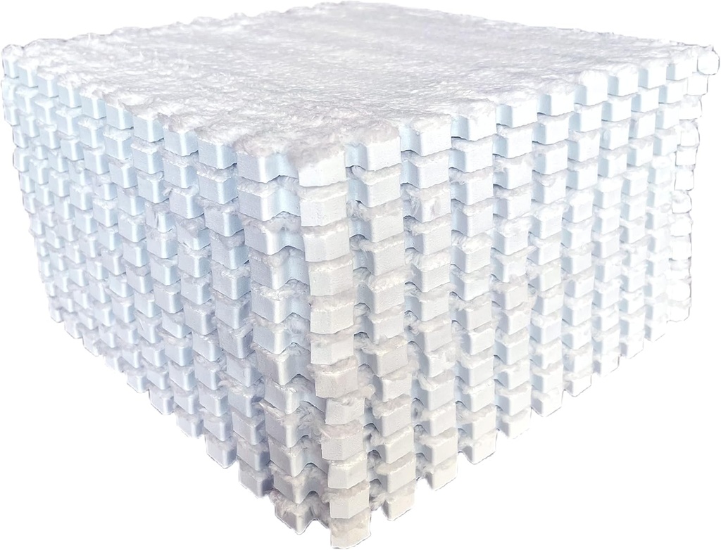 12pcs Tiled Puzzle Play Mats Interlocking Shaggy Soft EVA Foam Mats Protective Floor for Children Kids Room Home Parlor Bedroom(White)