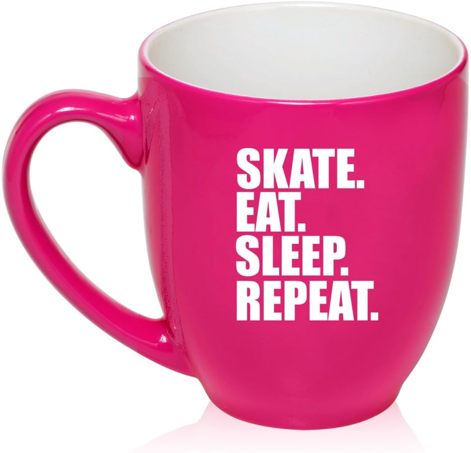 16 oz Large Bistro Mug Ceramic Coffee Tea Glass Cup Skate Eat Sleep Repeat Ice Roller Skateboard (Hot Pink)