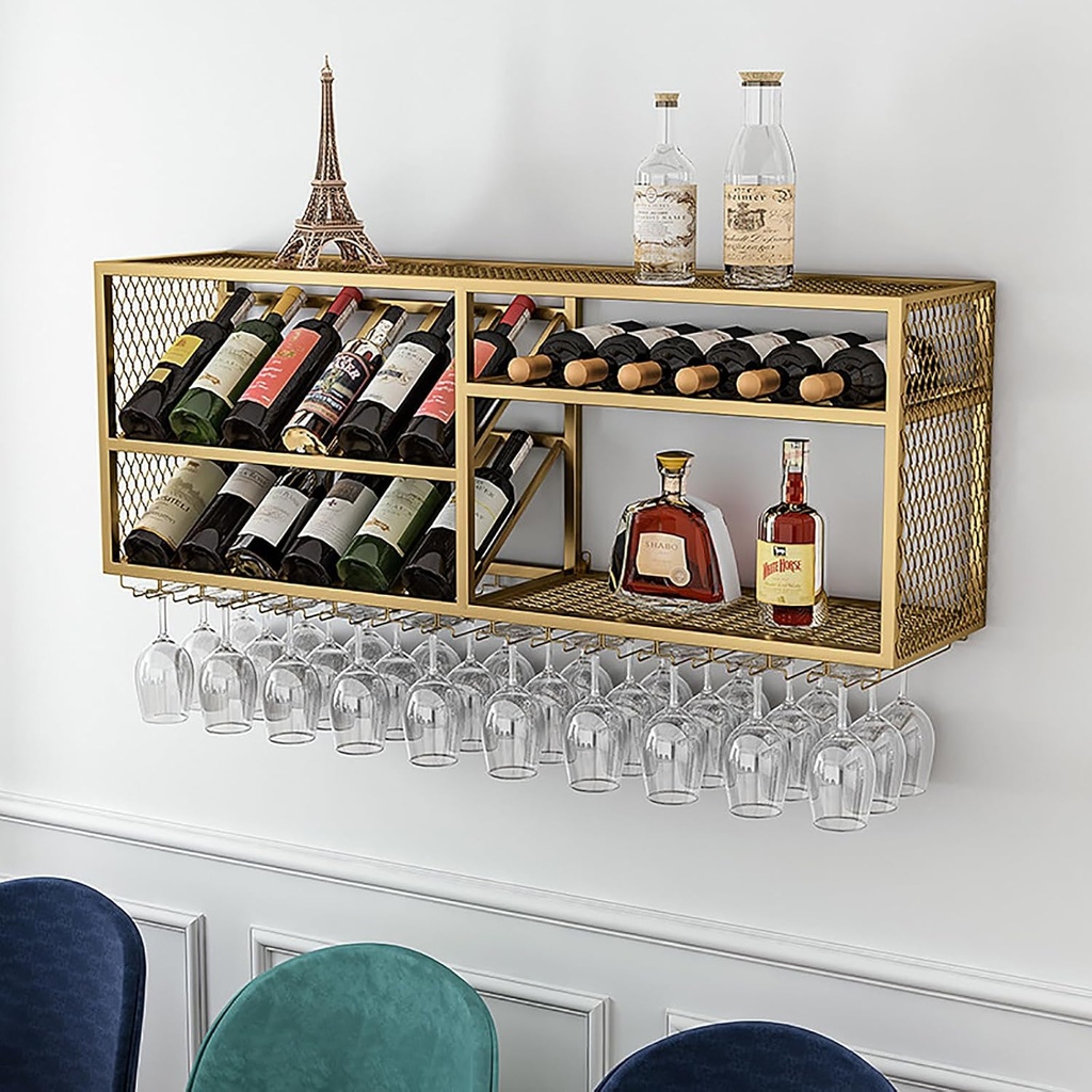 Wine Bottle Storage Shelf, Wall Mounted Wine Rack with Stemware Hanger, Wine Display Stand,Wine Storage Rack, Iron Wall Shelf for Kitchen Wine Cellar Living Room 150 * 30 * 45cm Glod (Glod 100*30*4