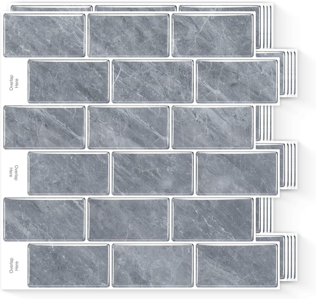 10 Sheets Peel and Stick Backsplash, Faux Stone Peel and Stick Tiles, Marble Look Wall Tiles Backsplash for Kitchen and Bathroom, Livingroom, 12"x12",Grey