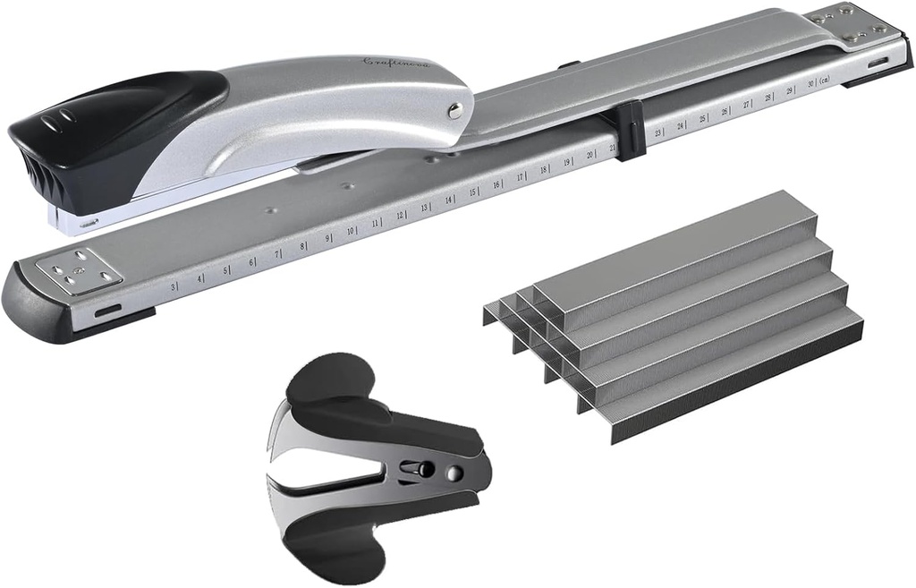 Long Reach Stapler,with 2000 Staples & Stapler Remover Full Strip，20-25 Sheet Capacity,with Built-in Ruler and Adjustable Locking Paper Guide, Silvery