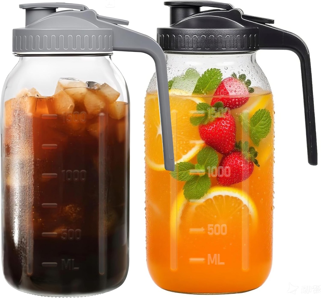 64oz Airtight Glass Pitcher with Lid,2 Quart Wide Mouth Mason Jar Pitchers for Fridge,Leak-proof Iced Tea Dispenser,Large Container for Sun Tea,Juice,Cold Brew Coffee, Storage and Drinks (Black+Gray)
