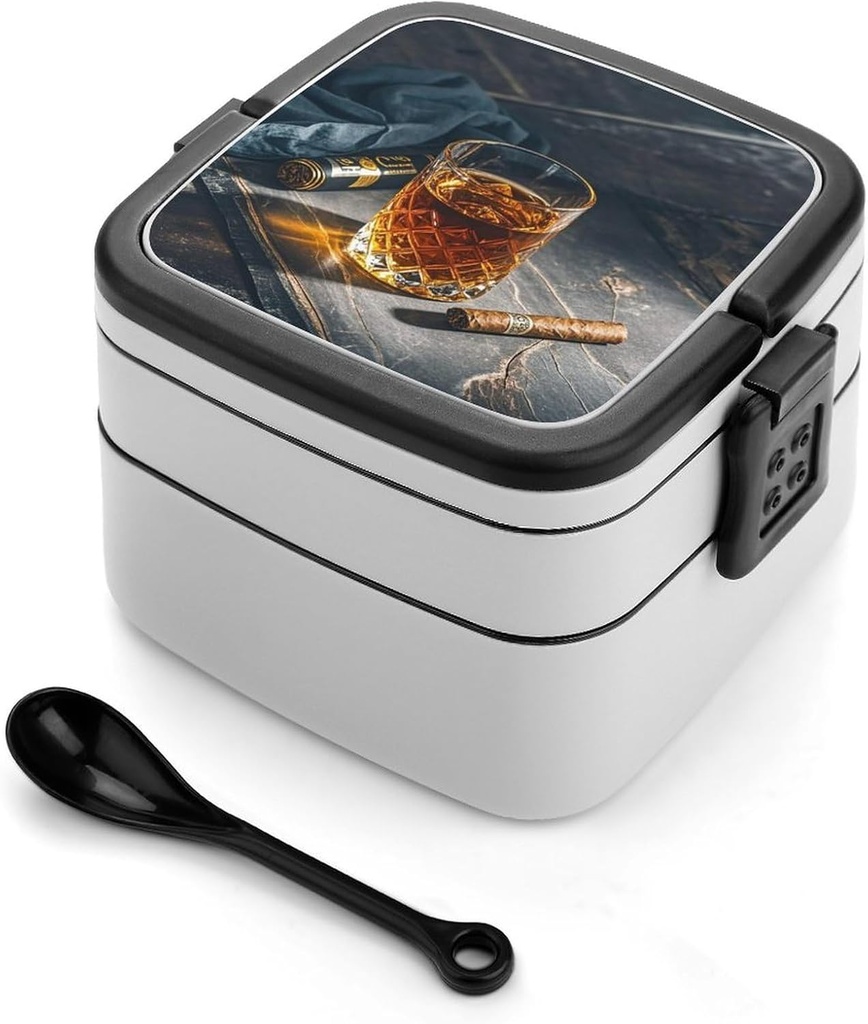 Cigar & Whiskey Bento Box Double-Layer Bento Lunch Container with Spoon And Invisible Handle Adult Leak-Proof Lunchbox for Dining Out Work Picnics Travel