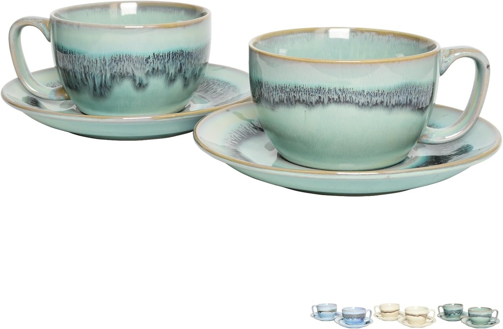 Bosmarlin Ceramic Cappuccino Cup and Saucer Set of 2, 10 Oz, Dishwasher and Microwave Safe, Coffee Cups for Latte, Espresso, Tea, Reavtive Glaze (Turquoise Green Light, 10 Oz)