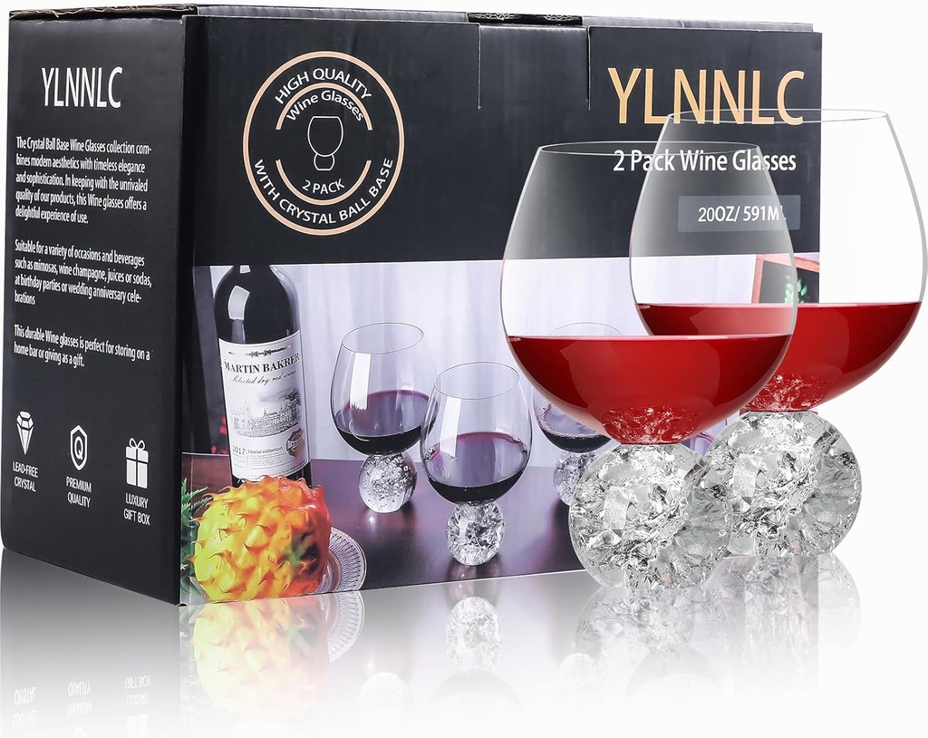 Crystal Wine Glasses Set of 2, 20oz Premium Lead-free Juice Glass with Crystal Ball Base, Red Wine Glasses Set of 2, for Daily Use, Party, Home Bar, Wedding, Shower, Birthday, Christmas Gift