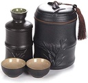 Sake Set 4 Piece Sake Set, Bamboo Modeling Design Wine Cup Set with Warming Pot, Black Glazed Ceramic Cups, for Cold/Warm/Shochu/Tea