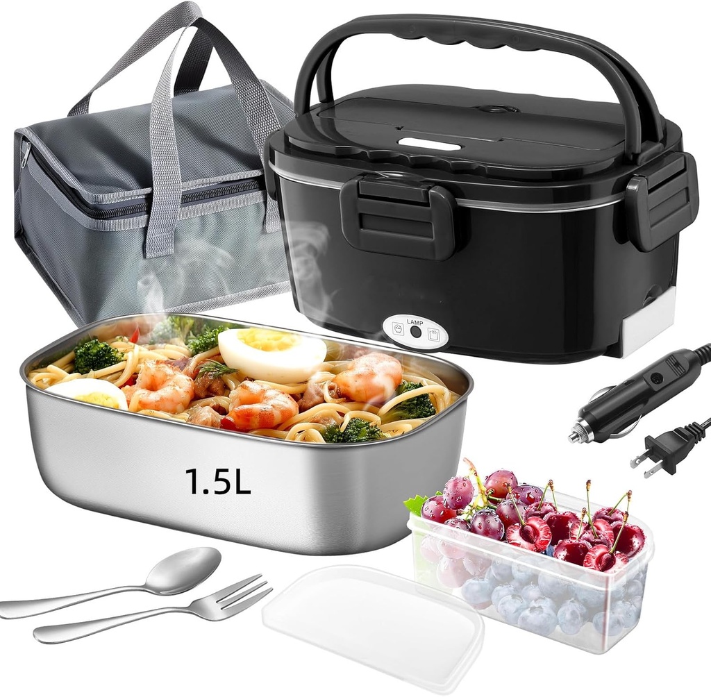 Electric Lunch Box For Adults, 80W Heated Lunch Box 1.5L Stainless Steel Heatable Lunchbox For Men, 12V/24V/110V Portable Food Warmer For Car Truck Work，Electric heating lunch box