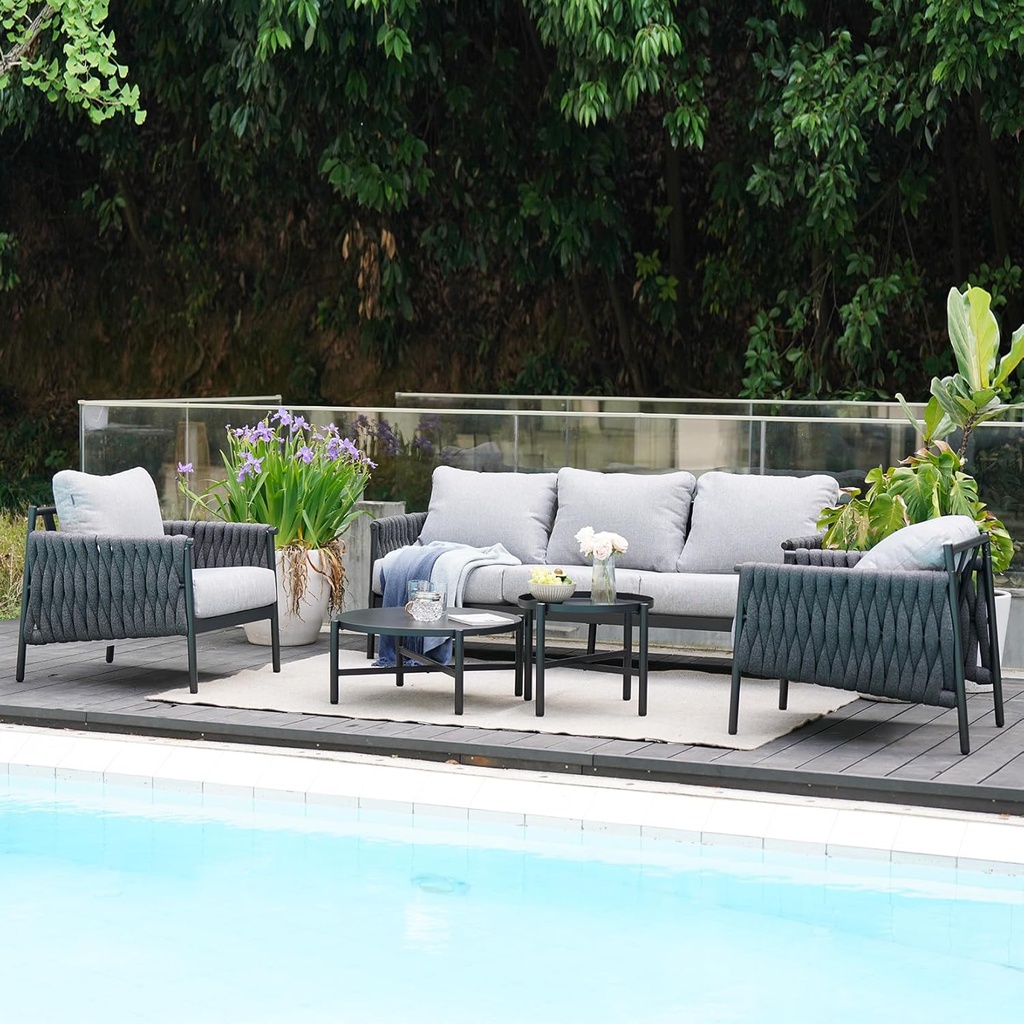 Grand patio 5-Piece Outdoor Furniture Set, Outdoor Sofa Set with 2 Round Side Tables, Modern Metal Patio Couch with Thick Waterproof Cushions for Porch Deck Backyard, Dark Grey