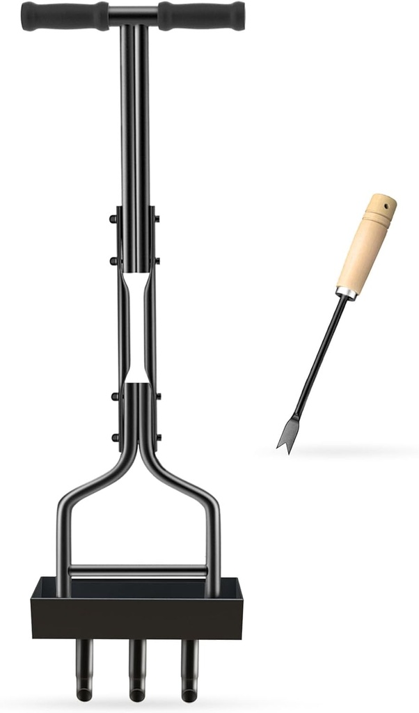 Manual Lawn Aerator with Tray & 3 Hollow Slots Manual Soil Corer Collector Lawn Plug Core Aeration Tool Heavy Duty Lawn Core for Soils & Lawns Yard Garden, 37.6 inches, Black