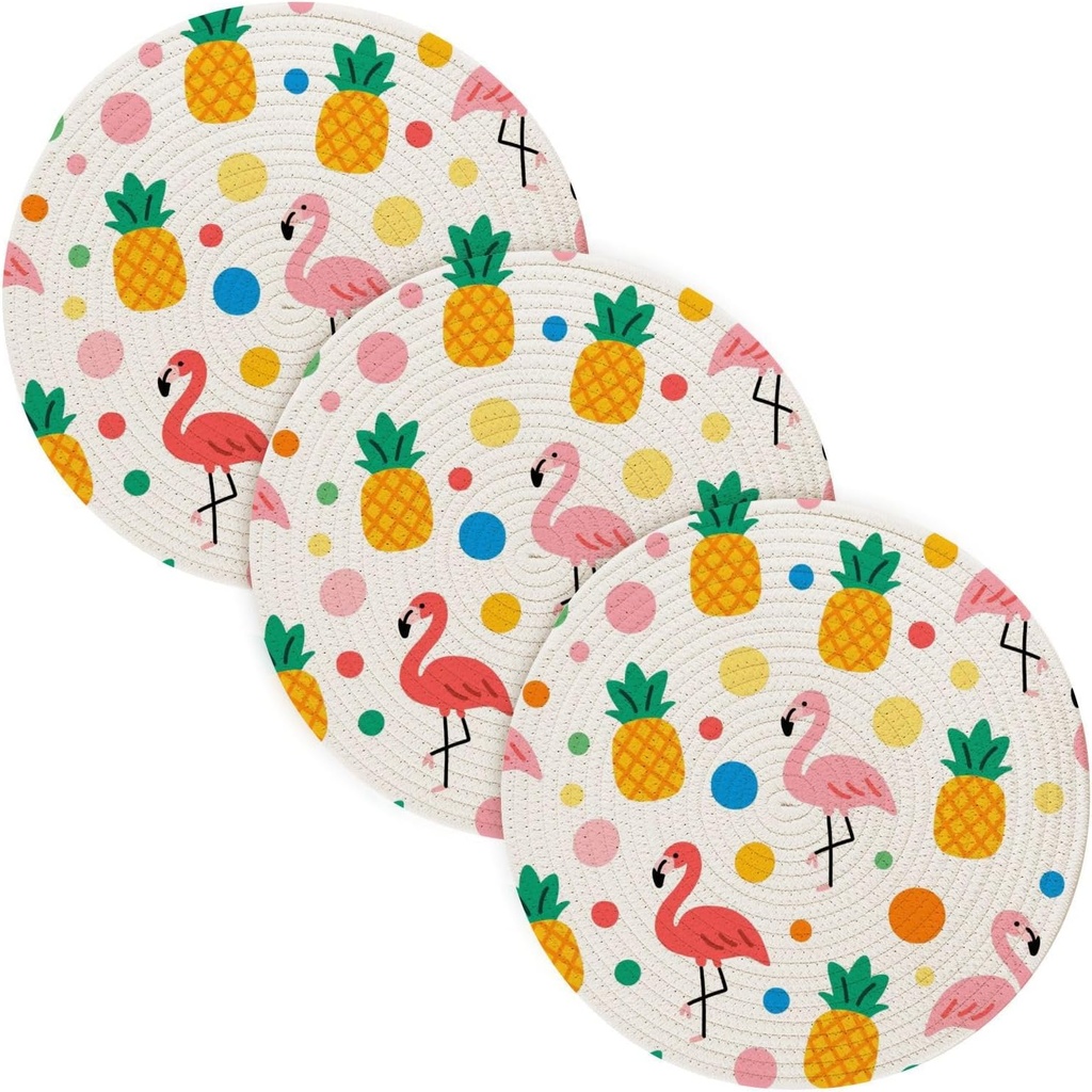 3 Pcs Round Trivet for Crock Pot Summer Flamingo Seamless Polka Dots 15in Polyester-Cotton Thread Weave Home Accessories accesorios para mesa de comedor