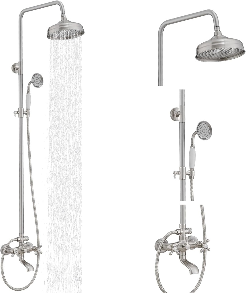 BWE Exposed Bathroom Shower Faucet Set Brushed Nickel Bathroom Shower Faucet Triple Functions 8 Inch Rainfall Shower Head Handheld Spray with Tub Spout Exposed Shower System Double Handle