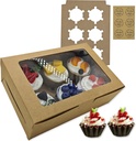 HALOMOUNT Cupcake Boxes 6 Count, Disposable Cupcake Containers, Food Grade Carrier with Window and Inserts for Cupcakes Muffins Cookies Pastries Donuts (Kraft Brown, 3 Pack)