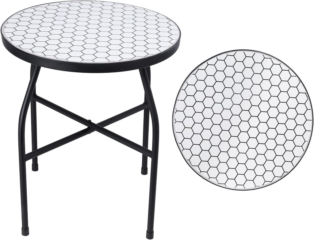 VCUTEKA Mosaic Outdoor Side Table, Round Rustproof Patio Table with 14" Ceramic Tile Top, Indoor Porch Accent Table for Yard, Garden, Living Room, Bistro Balcony, White