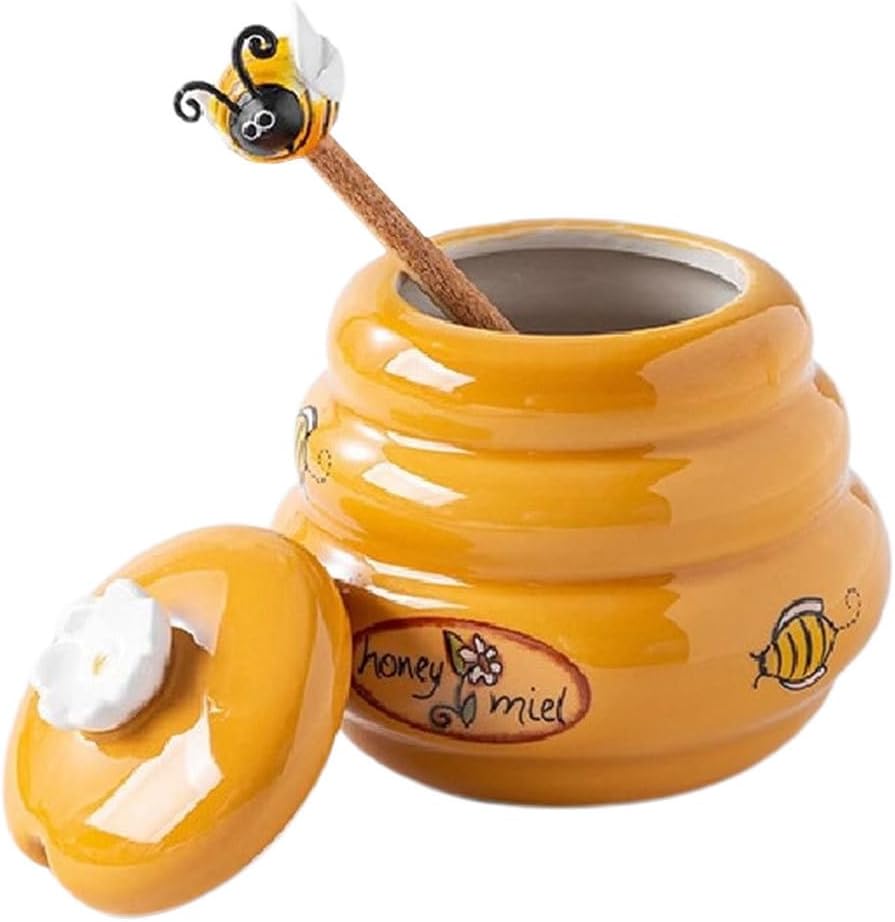 Alipis Ceramic Honey Jar with Lid and Wooden Dipper 4.7Oz Honey Storage Container for Kitchen Tabletop Decor and Syrup Condiments