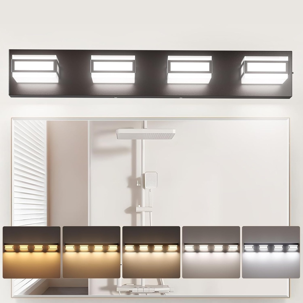 Amico 4-Light LED Bathroom Vanity Light Fixture,Dimmable 5CCT Modern Bathroom Lighting Fixtures Over Mirror, 360° Rotate Acrylic Matte Black Light Fixtures-UL Certificated