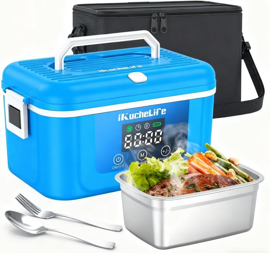 Heated Lunch Box, 1.5L&18000mAh Cordless Electric Lunch Box with Scheduled Heating, Rechargeable Portable Food Warmer with Digital Display for Work, Travel, Office, Camping(Blue)