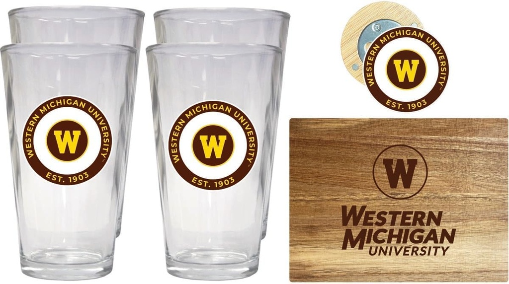 R and R Imports Western Michigan University Officially Licensed Kitchen Pack - Wood Cutting Board, 4 Pint Glasses & Magnetic Bottle Opener